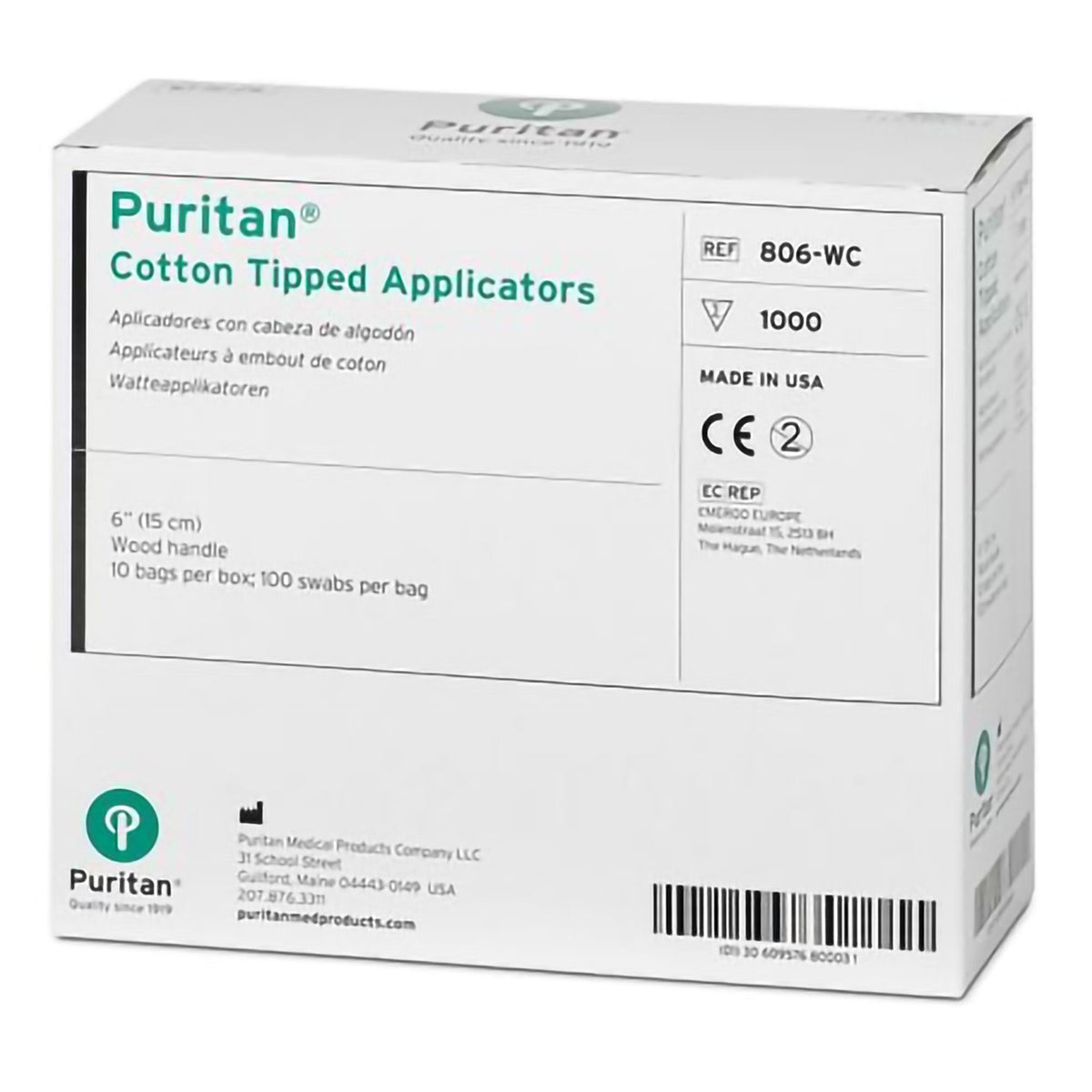Puritan Swabstick, Cotton Tip, Wood Shaft, 6" Length, NonSterile - 806-WC-Box - LL Medico