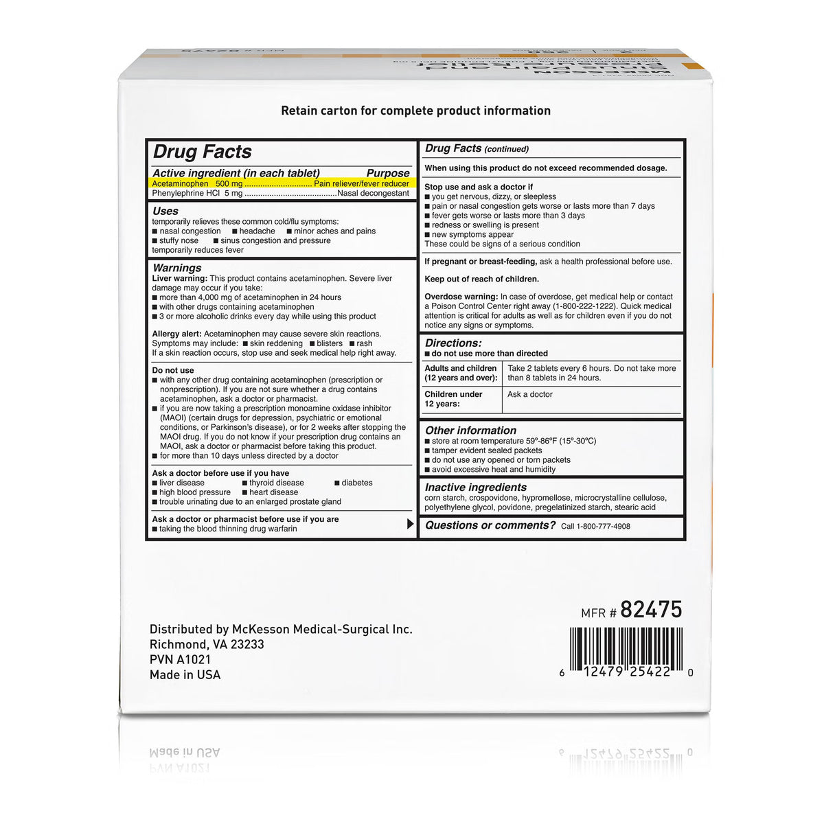 McKesson Cold and Sinus Relief, Acetaminophen / Phenylephrine 500 mg - 5 mg, Tablet - 82475 - LL Medico