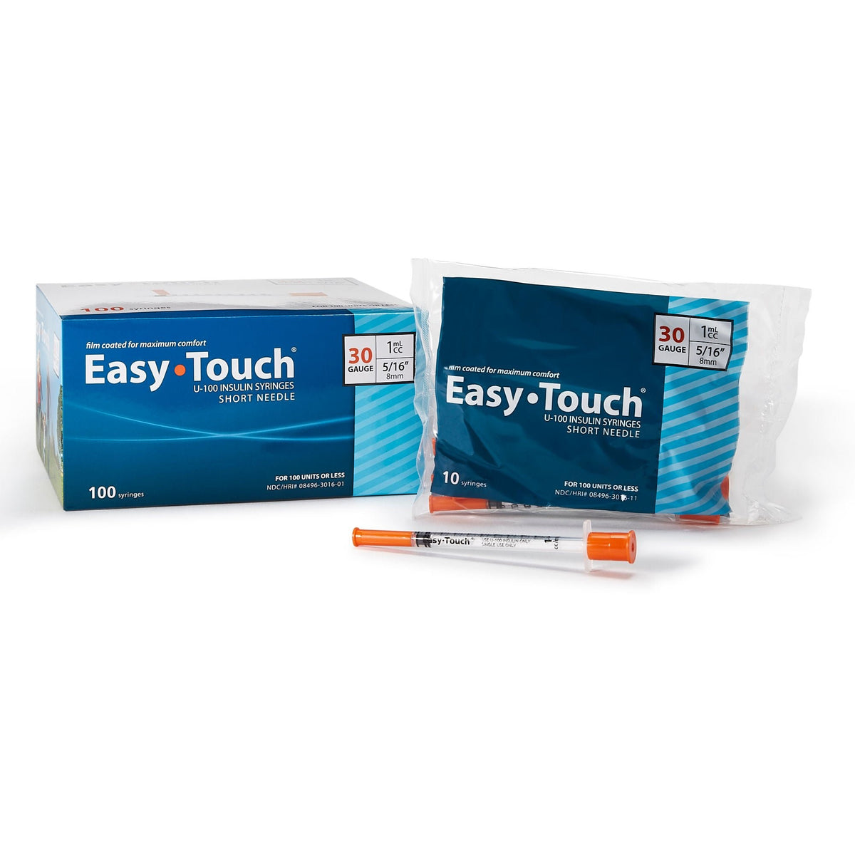 EasyTouch Insulin Syringe with Needle, 1 mL, 30 Gauge, 0.313", U-100, Sterile - 830165 - LL Medico