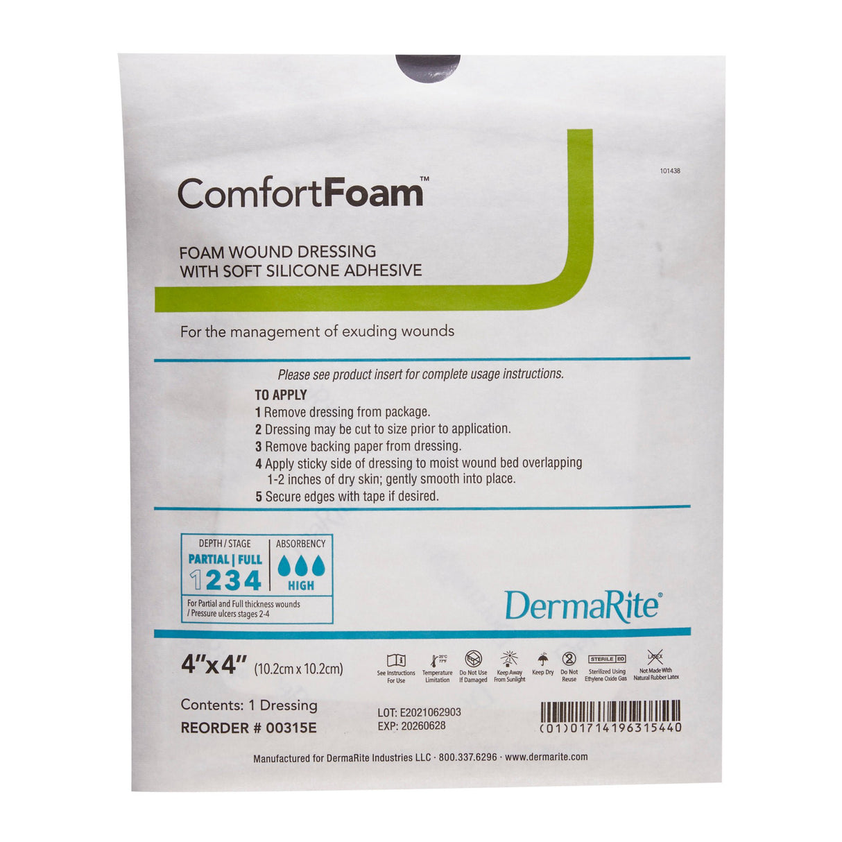 ComfortFoam Silicone Adhesive without Border Silicone Foam Dressing, 4 x 4 Inch