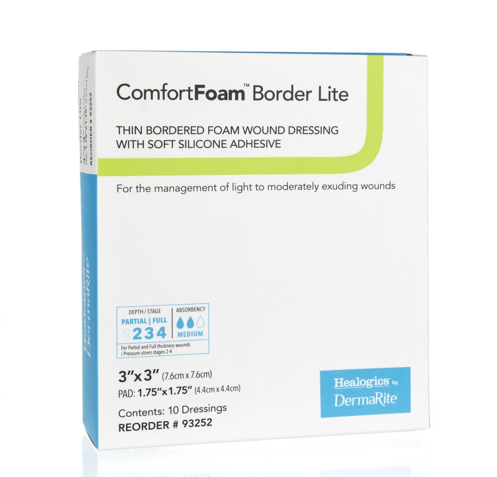 ComfortFoam Border Foam Wound Dressing w/ Soft Silicone Adhesive, 7.6 x 7.6 cm