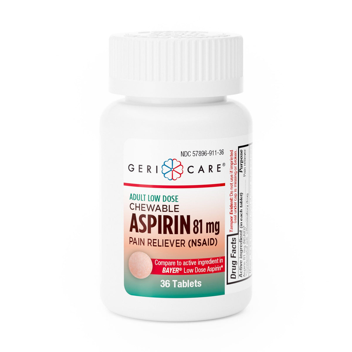 Geri-Care Low Strength Aspirin Chewable Tablets, 81 mg, Pain Relief - 911-36-GCP - LL Medico
