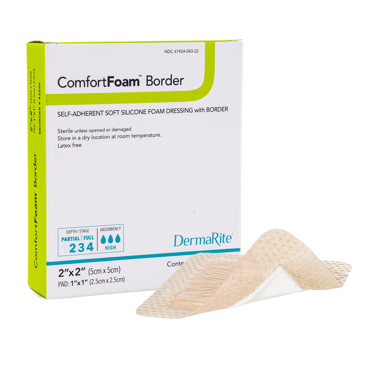 Dermarite ComfortFoam Border Foam Dressing, Square Sterile Waterproof Silicone Adhesive - 43220 - LL Medico