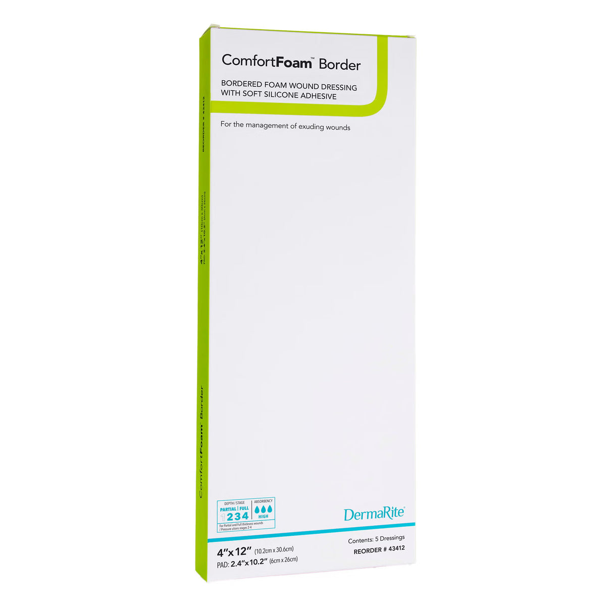 Dermarite ComfortFoam Border Foam Dressing, Waterproof, Silicone Adhesive, Sterile — 4" x 12"