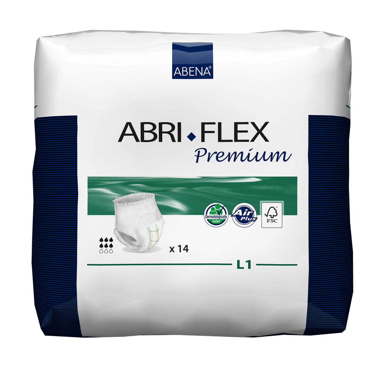 A package of Abena Pants Premium Pull-On Underwear Level 1, size L1, contains 14 adult pull-up diapers by Abena. The mostly white packaging features blue and green accents and several certification icons.