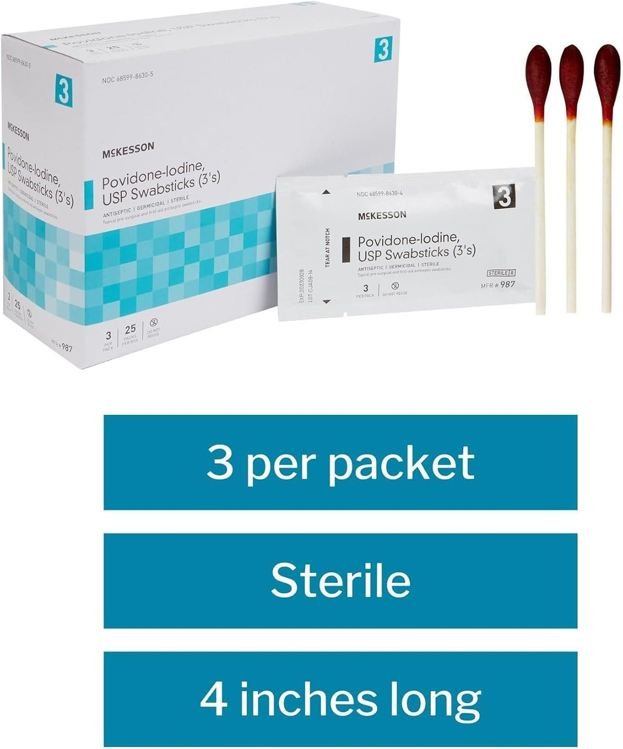 McKesson Povidone-Iodine USP Swabsticks, 3's, Antiseptic Sterile