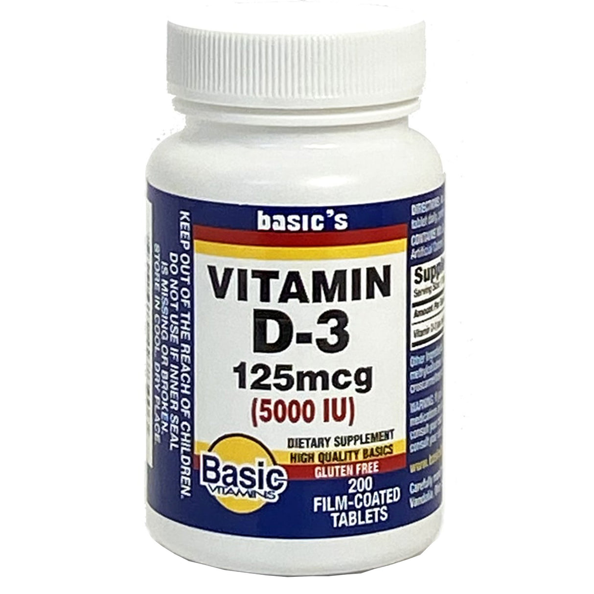 A white bottle labeled McKesson Vitamin D3 Supplement, 125mcg (5000 IU), contains 200 gluten-free tablets. This product supports immune health and bone strength, providing high-quality basics for daily wellness.