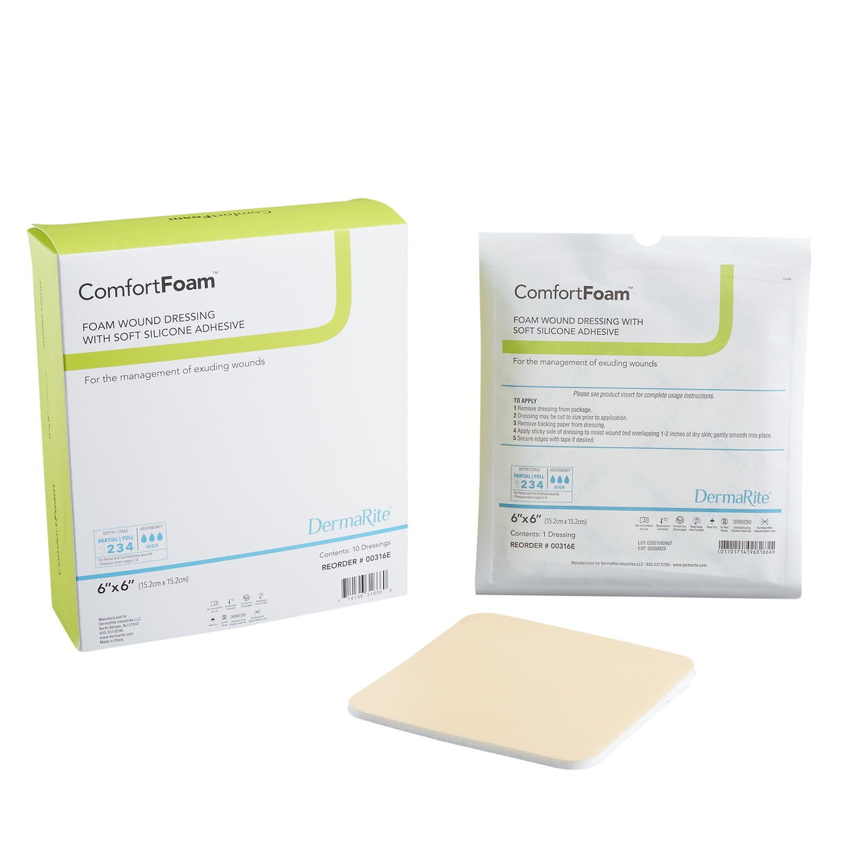 ComfortFoam Silicone Adhesive w/ Border Silicone Foam Dressing, 6 x 6 Inch