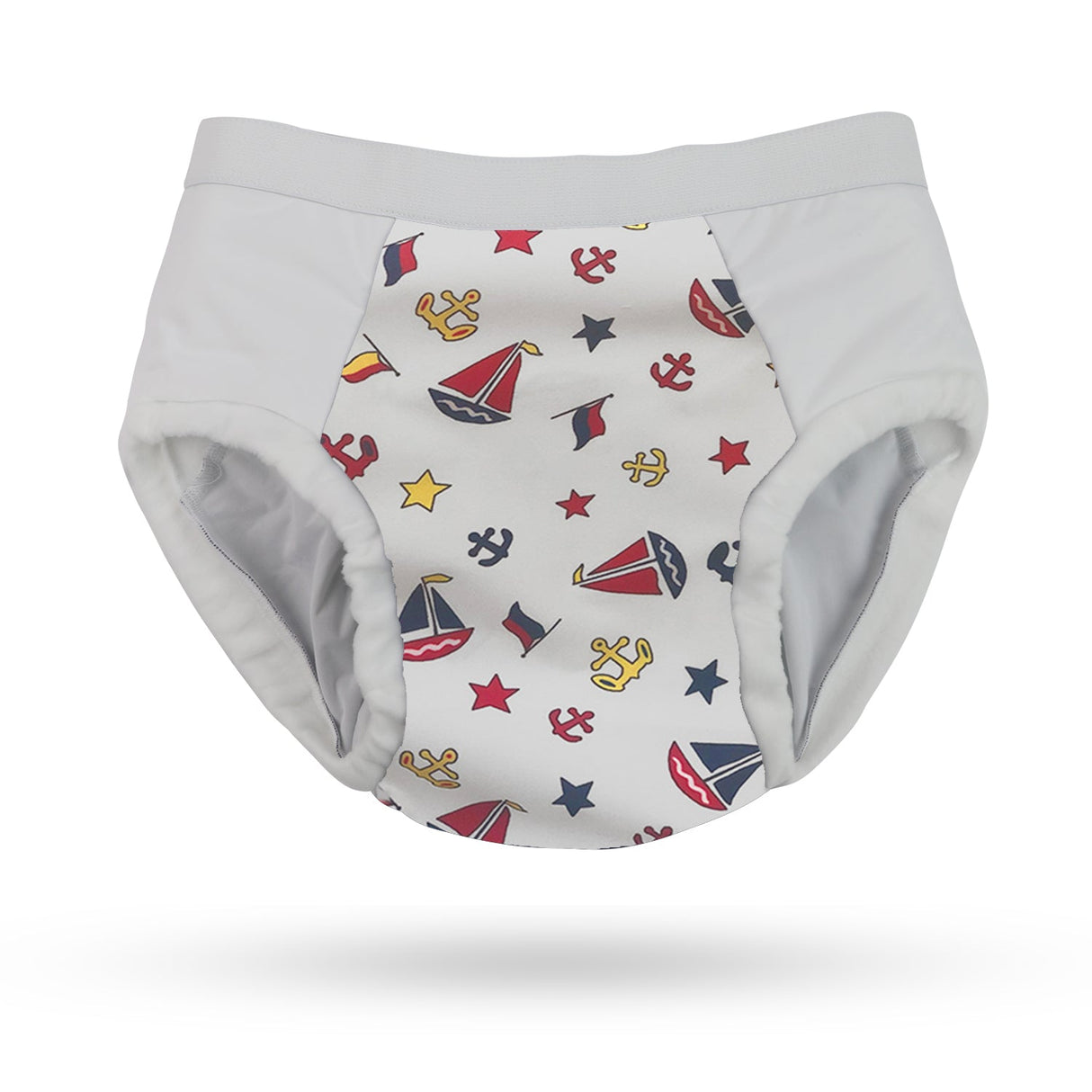 ThreadedArmor The Basic Brief, Light Absorbency: white children’s training underwear with nautical prints—sailboats, anchors, and stars in red, yellow, navy, and gray—offers reliable daytime protection. Shown on a plain white background.