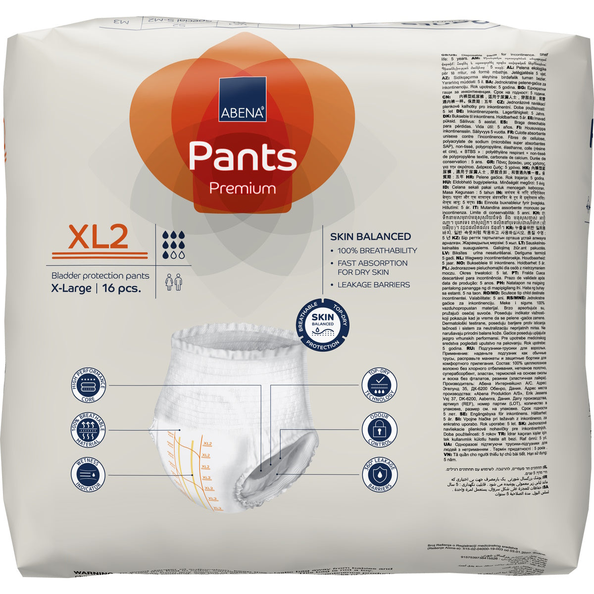 A package of Abena Pants Premium Pull-On Underwear Level 2 by Abena, XL2 size, 16 pieces, with product info, icons, and an image of the moderate absorbency protective underwear on the front.