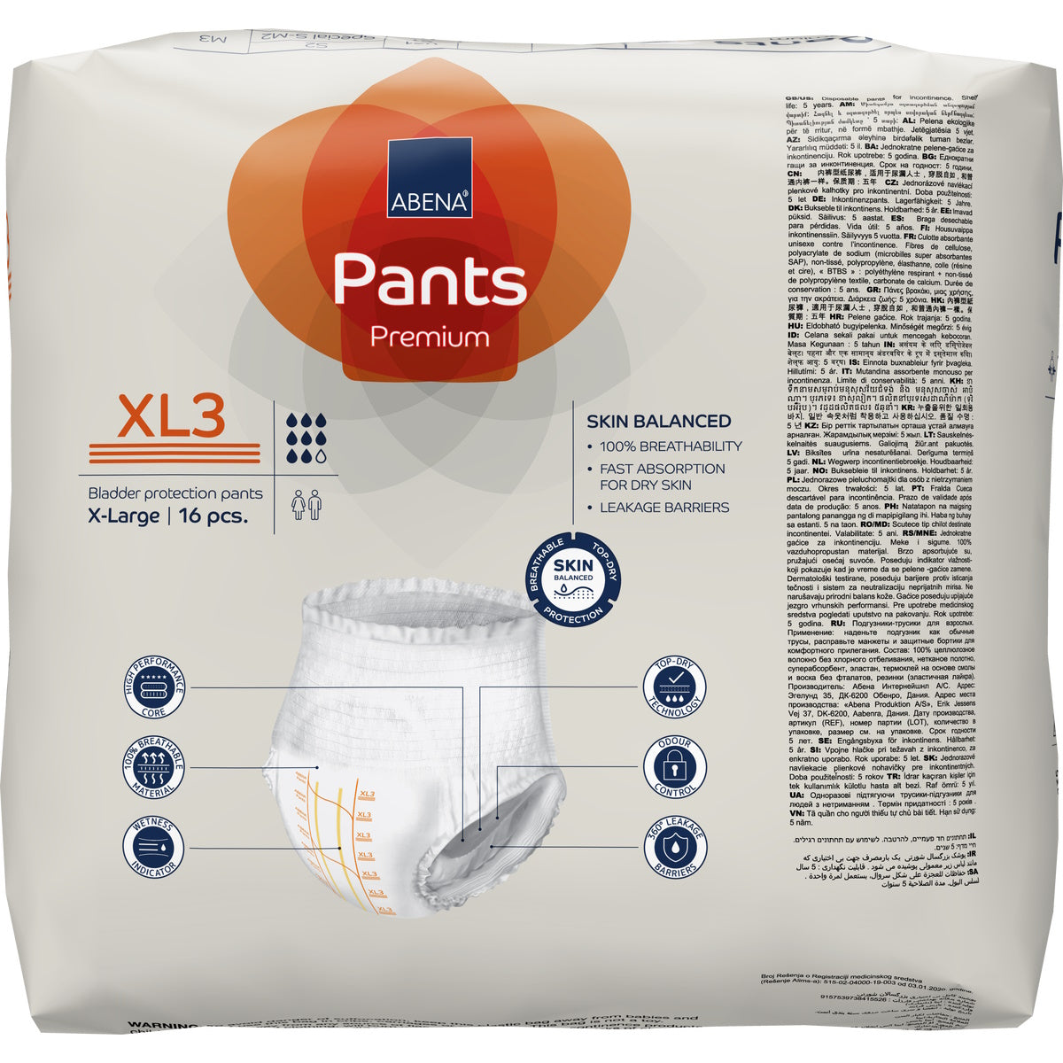 Abena Pants Premium Pull-On Underwear Level 3, size XL3, pack of 16, offers maximum absorbency for overnight use. These adult diapers provide skin balance, breathability, fast absorption, and leak protection.