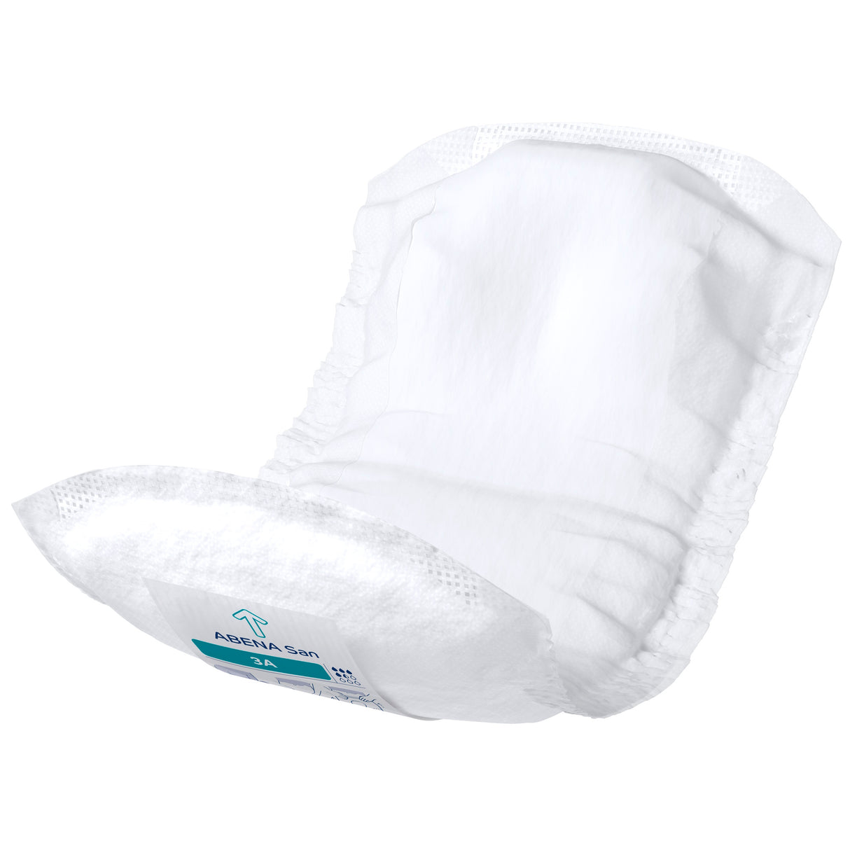 An Abena San Premium Incontinence Pad by Abena is displayed open and angled against a plain background, showing its white color, elasticized sides, absorbent core, and a front label with blue and green markings.