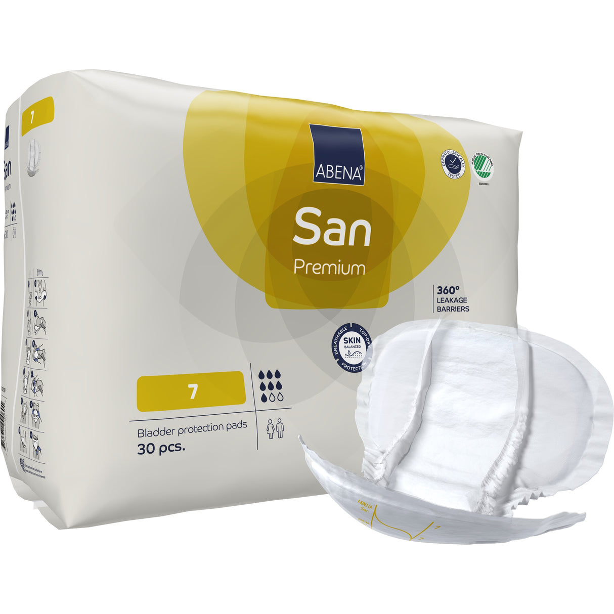 A package of Abena San Premium Incontinence Pads by Abena, size 7, contains 30 pads. An individual pad is displayed in front of the pack, showcasing its contoured design and highly absorbent core.