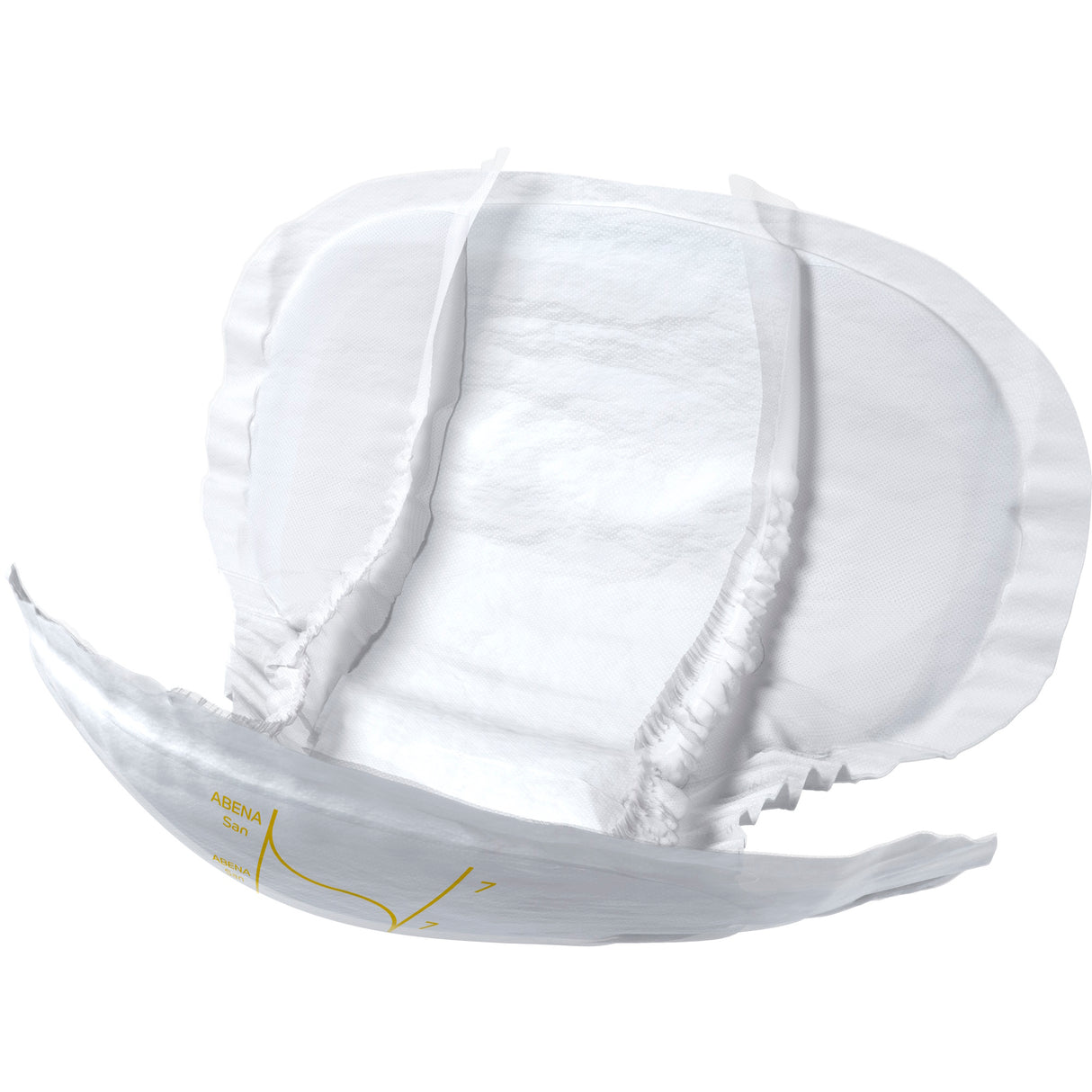 An open, flat white Abena San Premium Incontinence Pad by Abena features an absorbent core, curved elastic sides, and yellow size markings on the front, displayed against a plain white background.