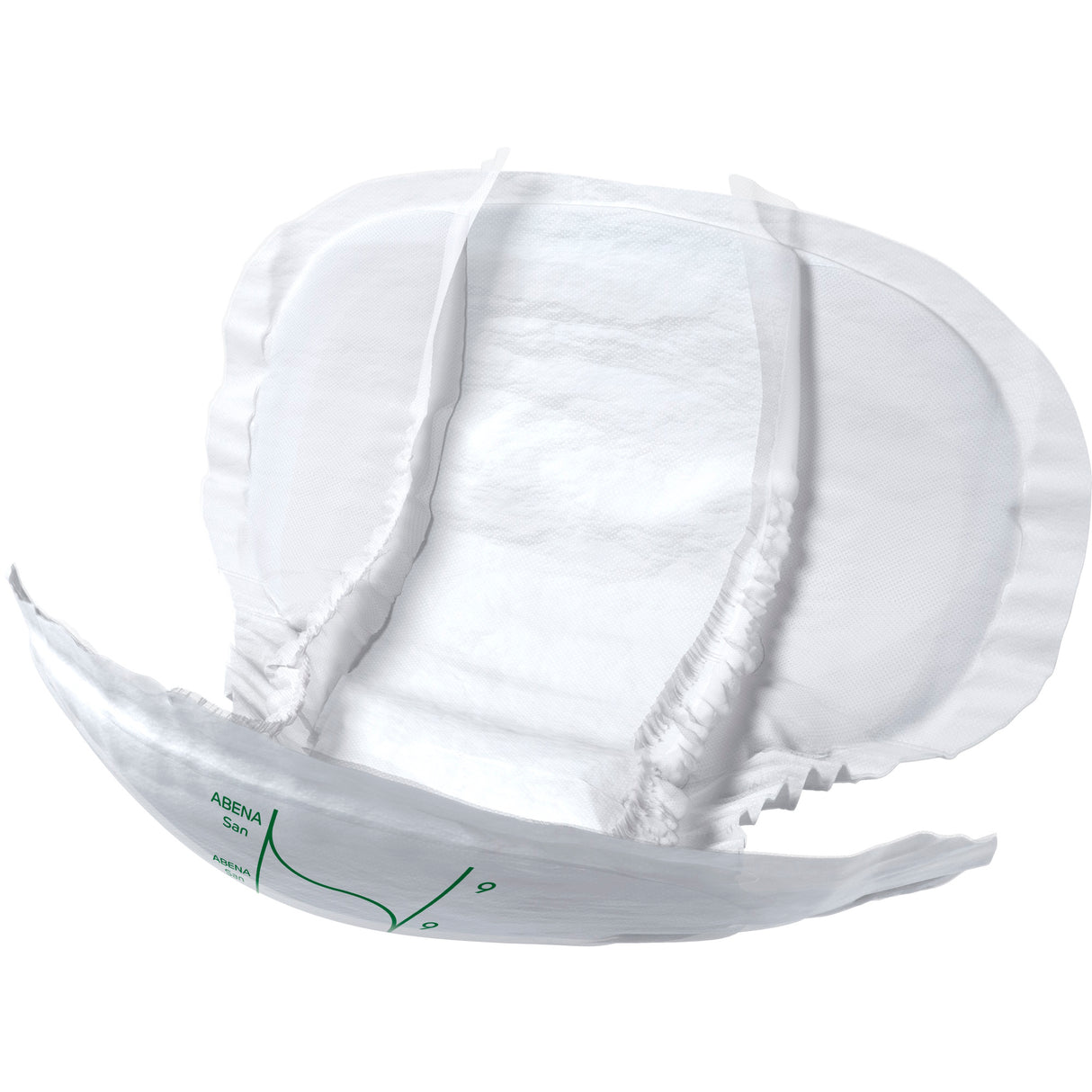 An Abena San Premium Incontinence Pad by Abena is shown open and laid flat on a white background, featuring side gathers, green printed markings on the front, and an absorbent core.