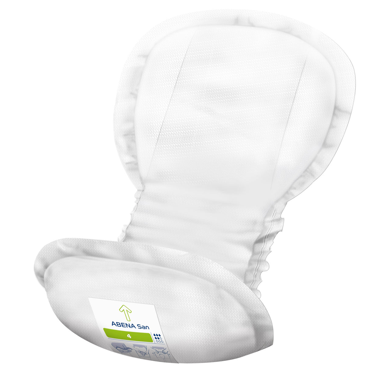 A clean, unused Abena San Premium Incontinence Pad features a white, contoured shape with soft raised edges and an absorbent core. The bottom label displays the Abena brand name and product details.