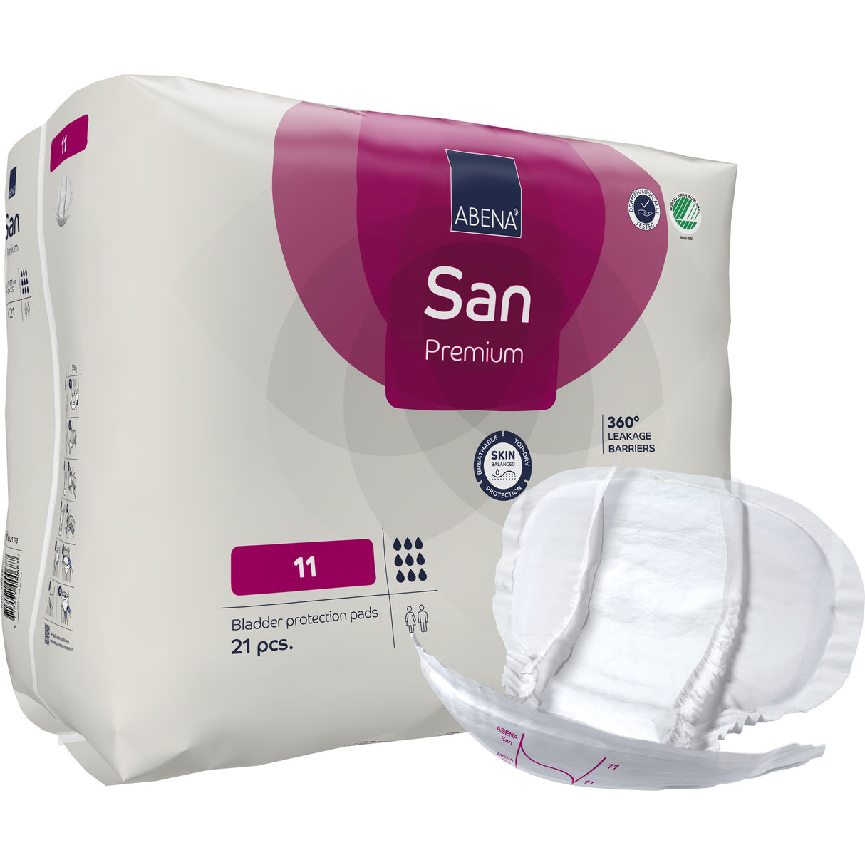 A pack of Abena San Premium Incontinence Pads by Abena, size 11, contains 21 pads. One pad is shown outside the purple and grey package, highlighting its absorbent core and leak barriers.