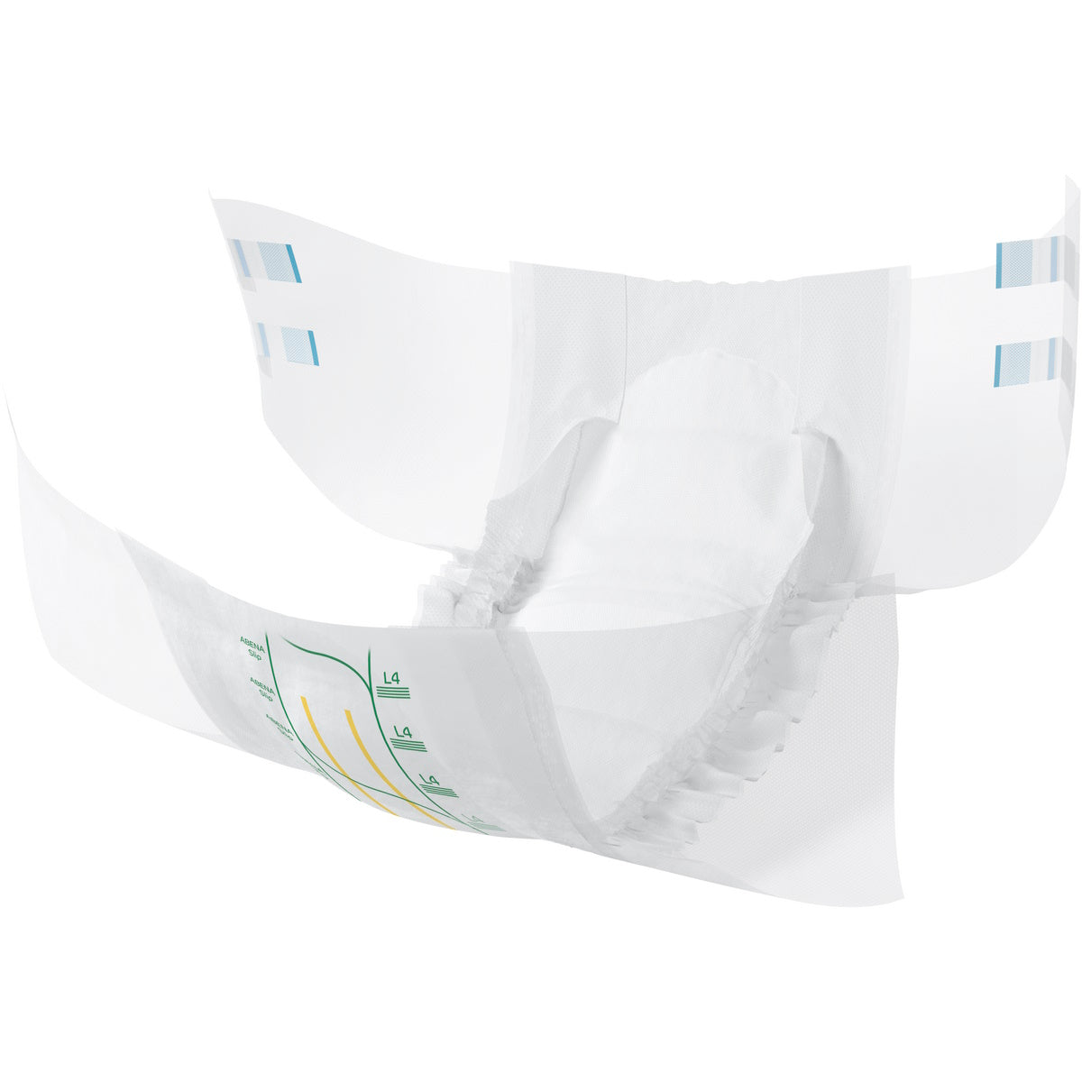 The Abena Slip Premium Level 4 Adult Diaper by Abena features elastic leg cuffs, adhesive side tabs, and yellow-green wetness indicator lines on the absorbent core for comfort and effective incontinence care. Displayed against a white background.