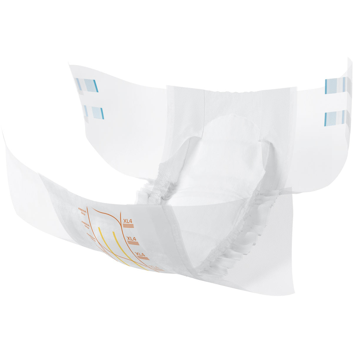 The Abena Slip Premium Level 4 Adult Diapers by Abena feature adjustable adhesive tabs, elastic leg cuffs, and printed size indicators for effective incontinence care, shown open and flat on a white background.