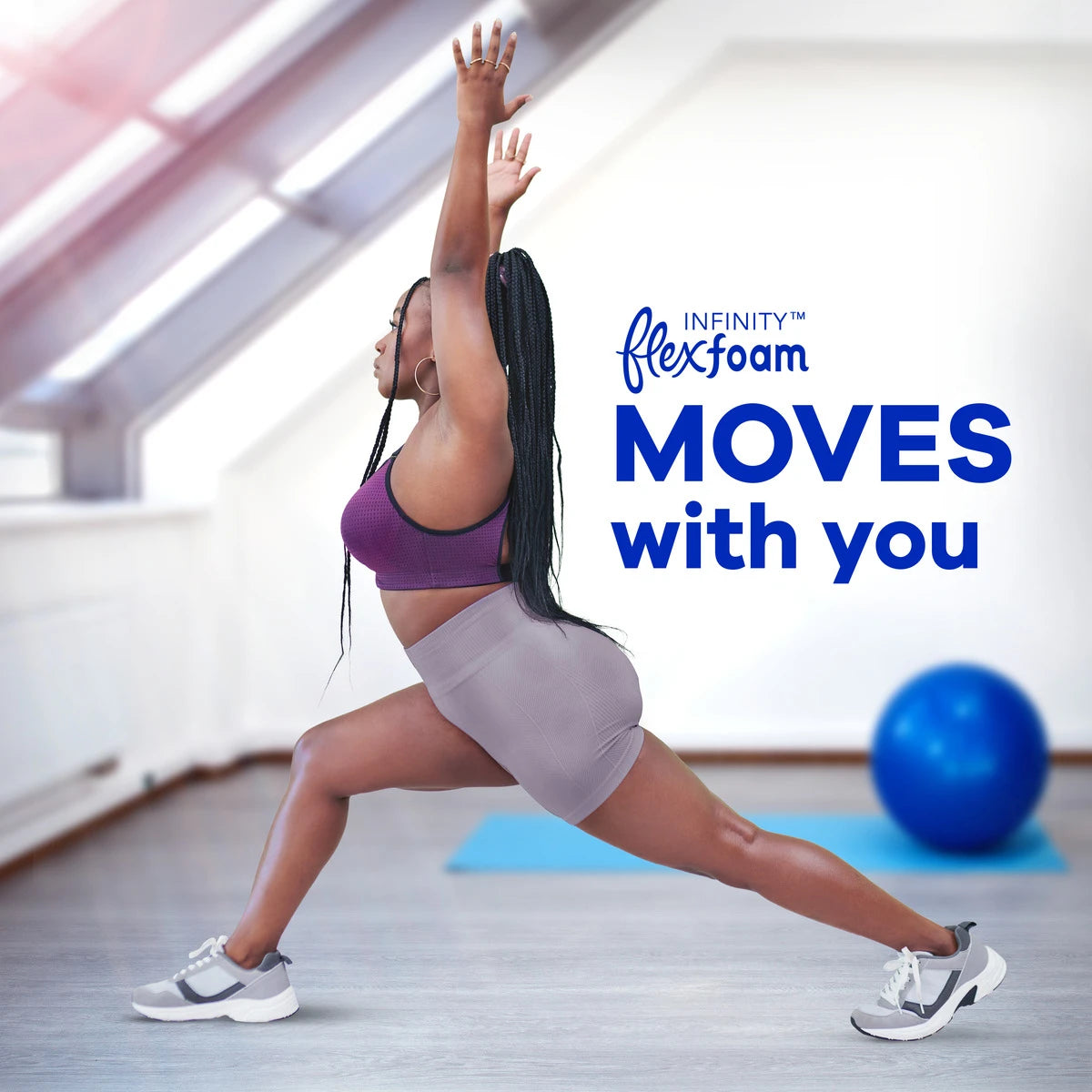 A woman in workout gear does a lunge stretch with arms raised in a bright gym. Text reads, Always Infinity FlexFoam Moves with You. A blue exercise ball and mat highlight Always Infinity Size 3 Extra Heavy Flow Pads with Wings, Unscented.