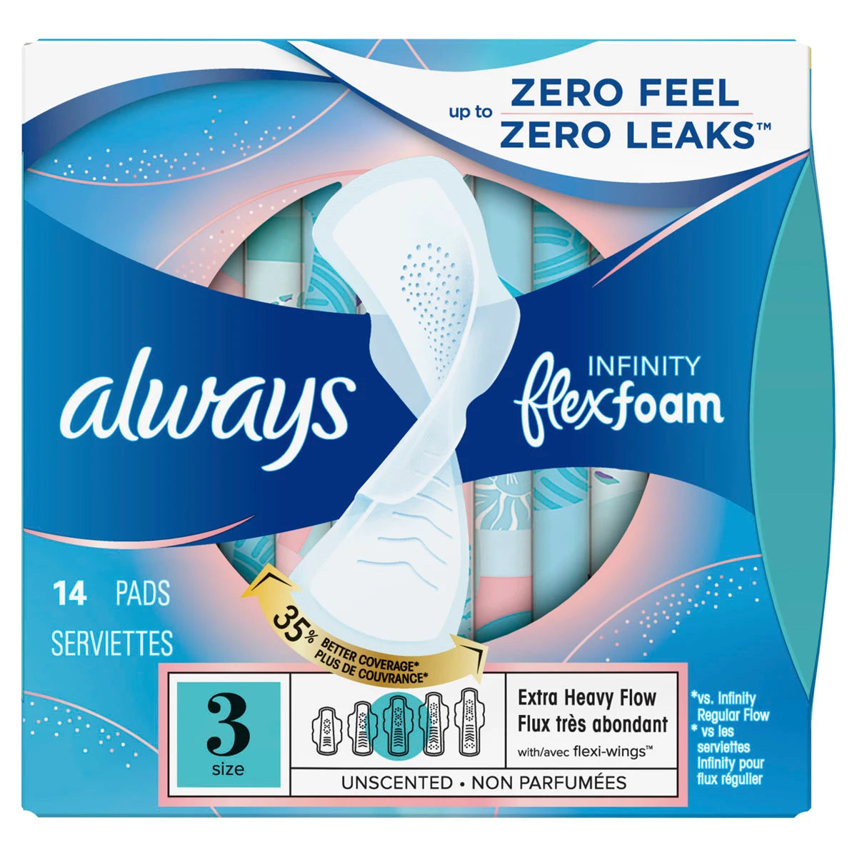 Always Infinity Size 3 Extra Heavy Flow Pads with Wings, Unscented (14 count), feature FlexFoam for Zero Feel and Zero Leaks, with 33% better coverage.