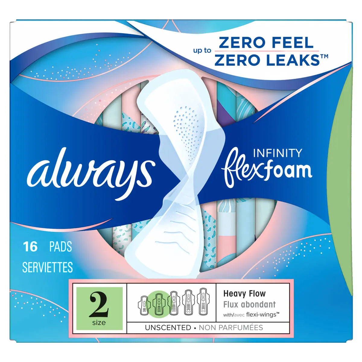 Always Infinity Size 2 Super Pads with Wings, Unscented by Always—blue box of 16 pads for heavy flow, offering Zero Feel, Zero Leaks comfort and reliable overnight protection comparable to Extra Heavy Overnight Pads.