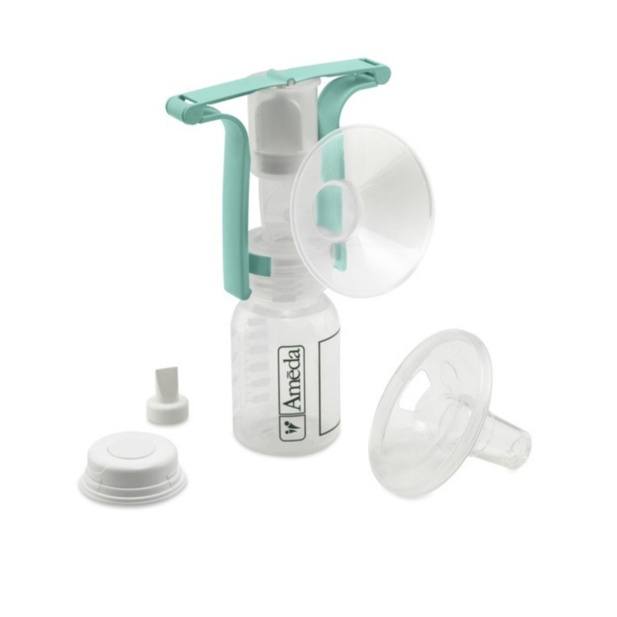 The Ameda Manual Breast Pump by Ameda includes a clear bottle, green handle, breast shield, valve, cap, and extra accessories—perfect as a portable pump option shown on a white background.