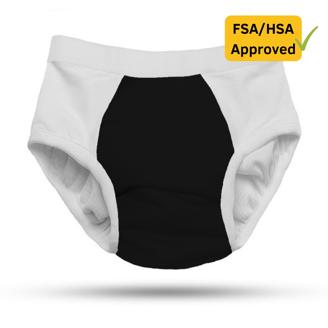 ThreadedArmor The Basic Brief, Light Absorbency – a pair of absorbent black and white adult cloth diaper underwear by ThreadedArmor, featuring a FSA/HSA Approved badge with a yellow checkmark in the top right corner.