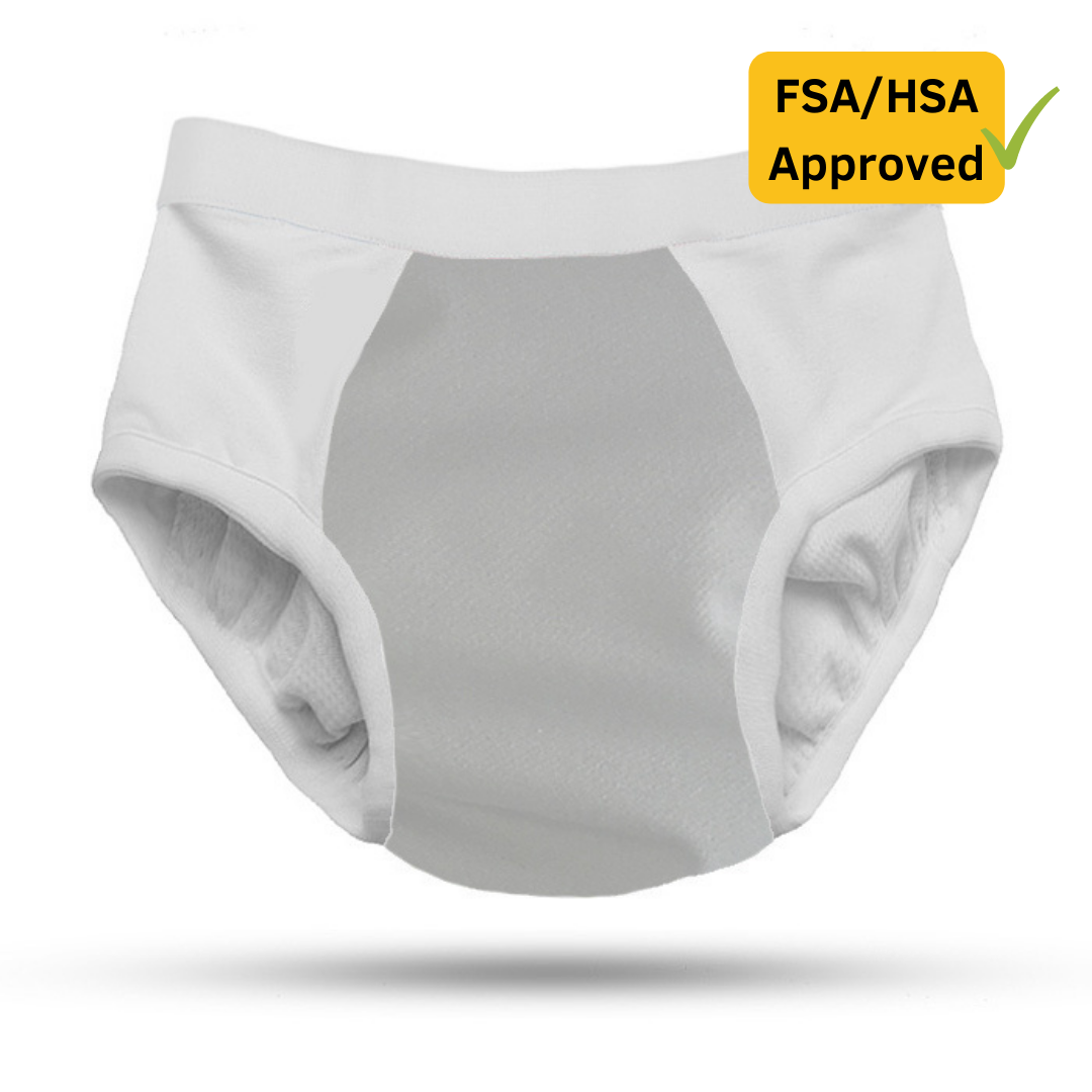 ThreadedArmor The Basic Brief, Light Absorbency is a white adult absorbent underwear for daytime protection, featuring an “FSA/HSA Approved” yellow badge with a green check mark in the top right corner.