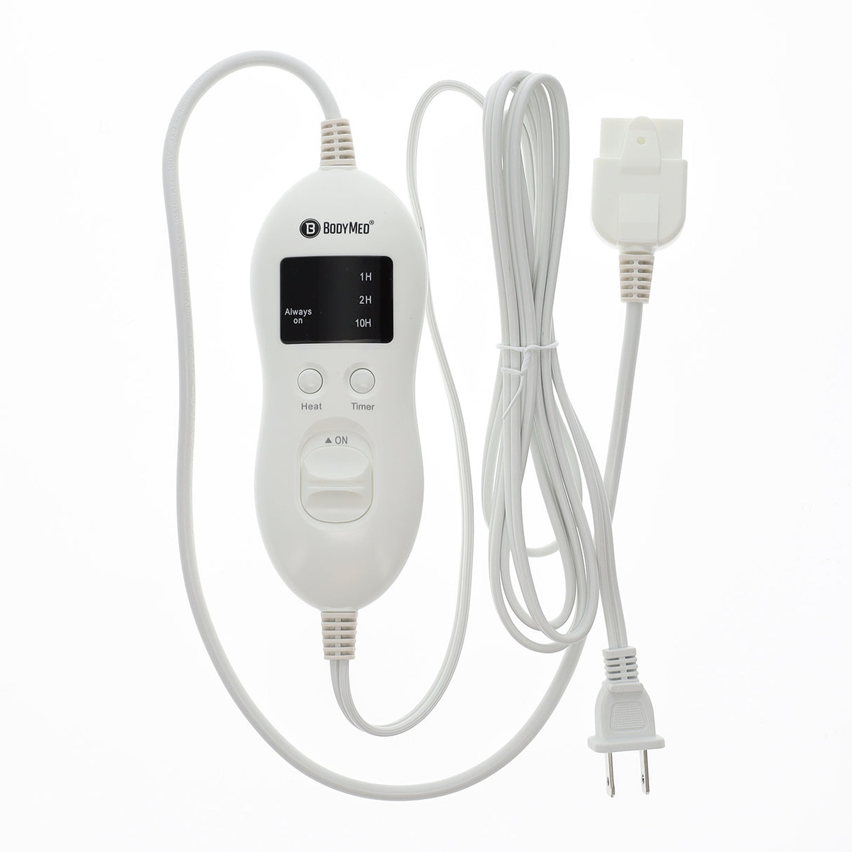 The BodyMed Heated Mattress Pad, Queen Size, features a white electronic controller with a digital display, heat and timer buttons, and a long two-prong cord—ideal for customizing your comfort with any electric mattress cover.