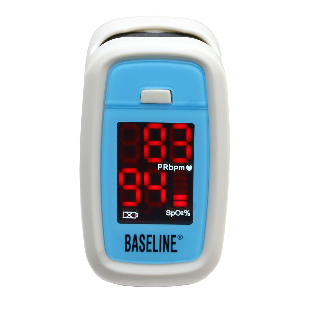 The Baseline Fingertip Pulse Oximeter, Standard, is a blue and white portable device that displays red digital readings for pulse rate and SpO2 on its screen, with the Baseline brand name at the bottom—ideal for quick oxygen saturation checks.