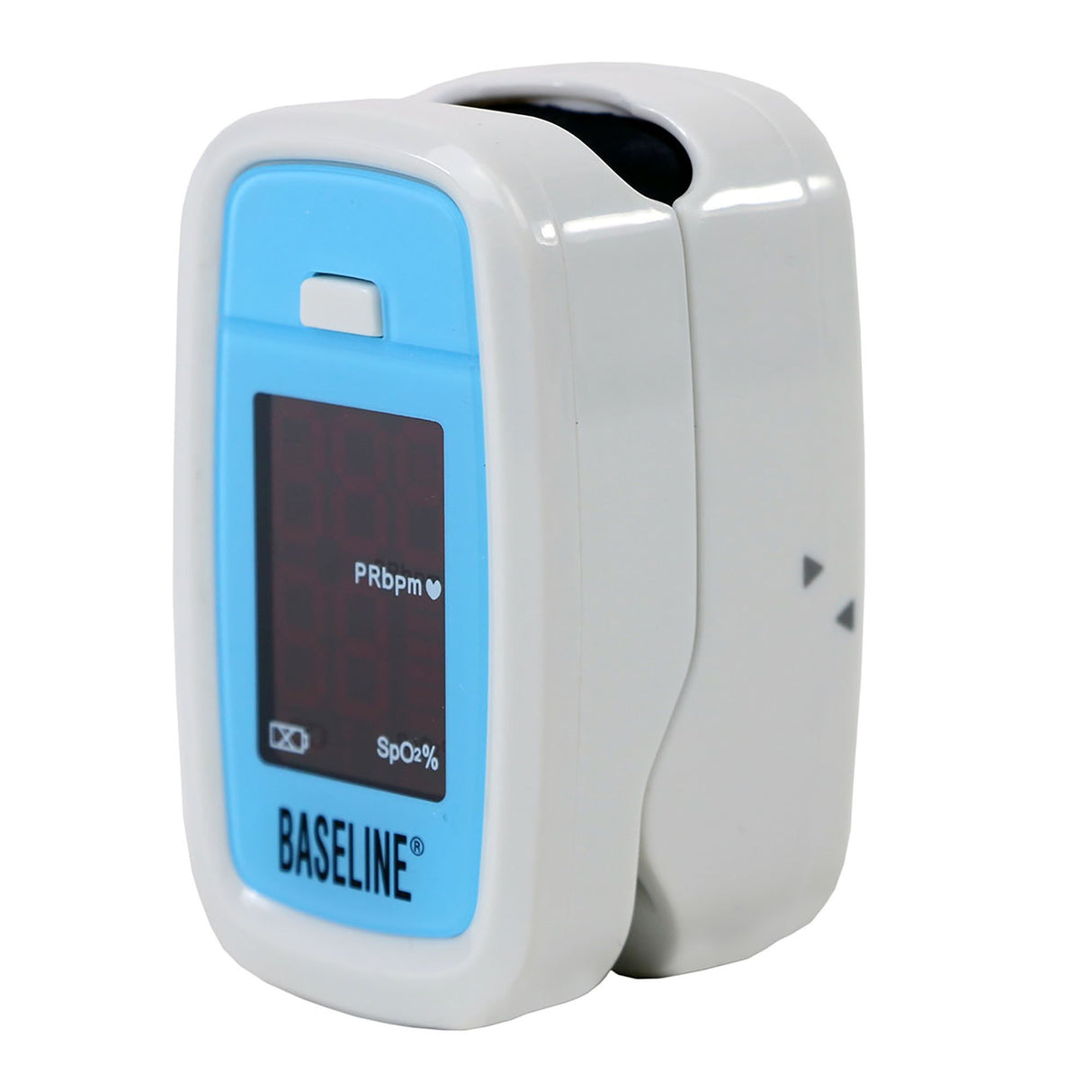 The Baseline Fingertip Pulse Oximeter, Standard, by Baseline features a blue and white casing, displays PR bpm and SpO2% on screen, and is ideal for quick, portable oxygen saturation monitoring.