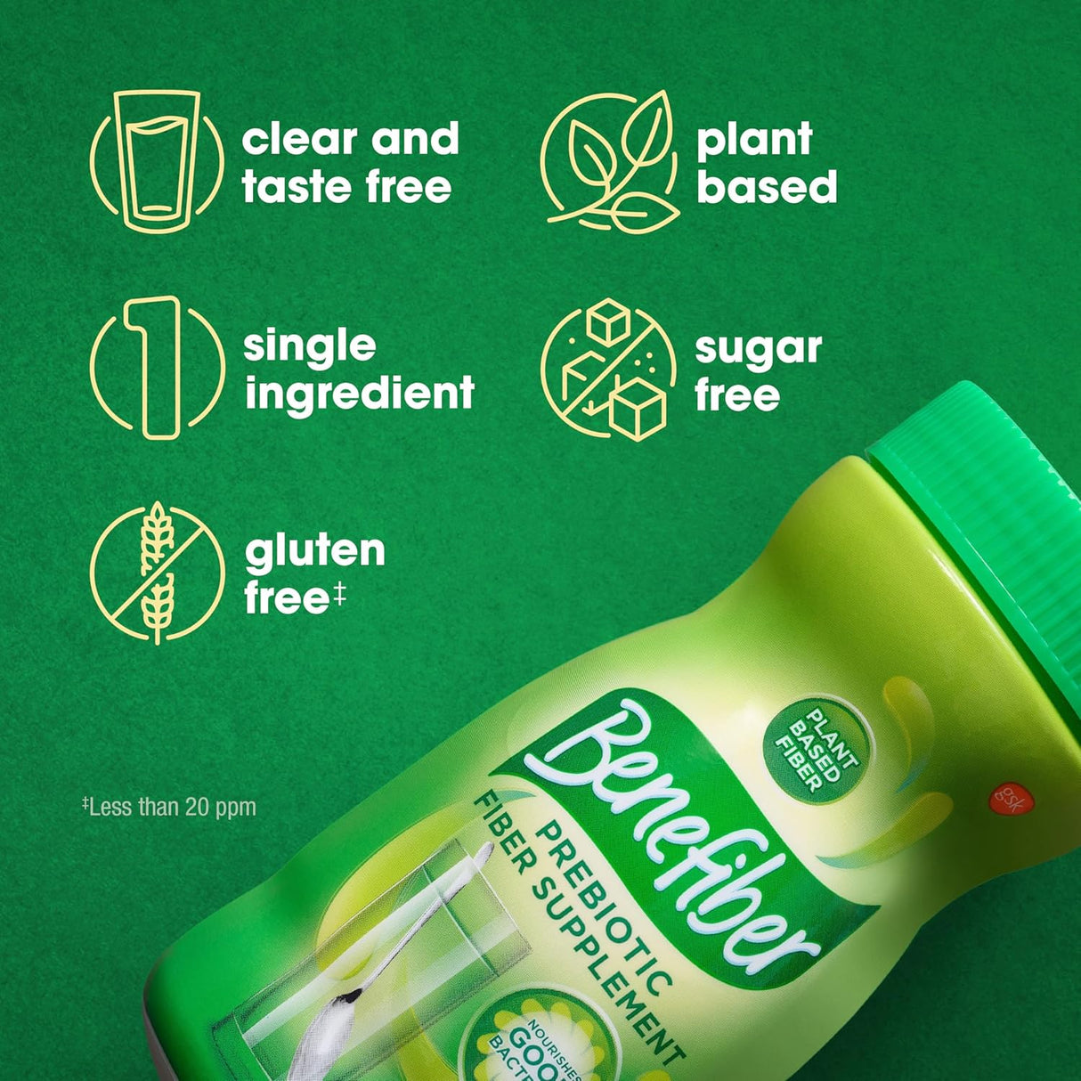 A Benefiber Prebiotic Fiber Supplement, Unflavored bottle is shown with icons and text highlighting: clear and taste free, plant based, single ingredient, sugar free, gluten free (less than 20 ppm), and digestive health support.