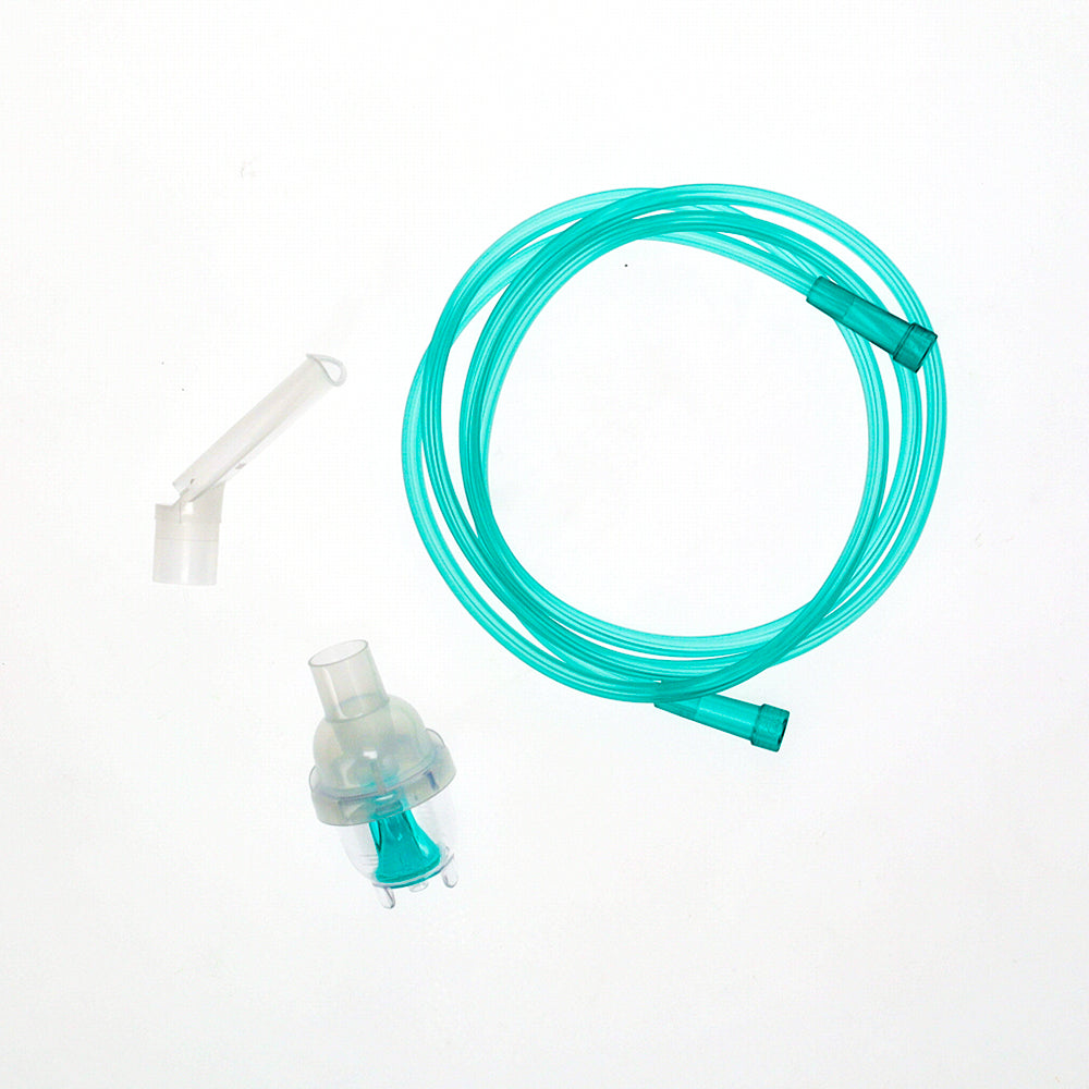 The BodyMed Reusable Nebulizer Kit, Mouthpiece Delivery, features green oxygen supply tubing, a mask, and mouthpiece—all coiled and arranged on a white background. Brand: BodyMed.