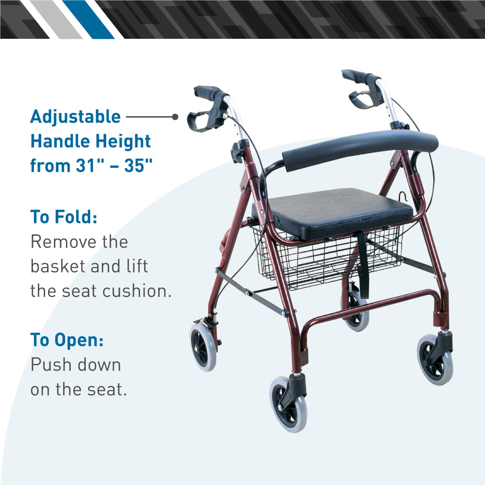 The BodyMed Aluminum Rollator with 6-inch Wheels features four wheels, a seat, backrest, wire basket, adjustable handle height (31–35), and folds easily by pushing down on the seat for convenient storage. Brand: BodyMed.