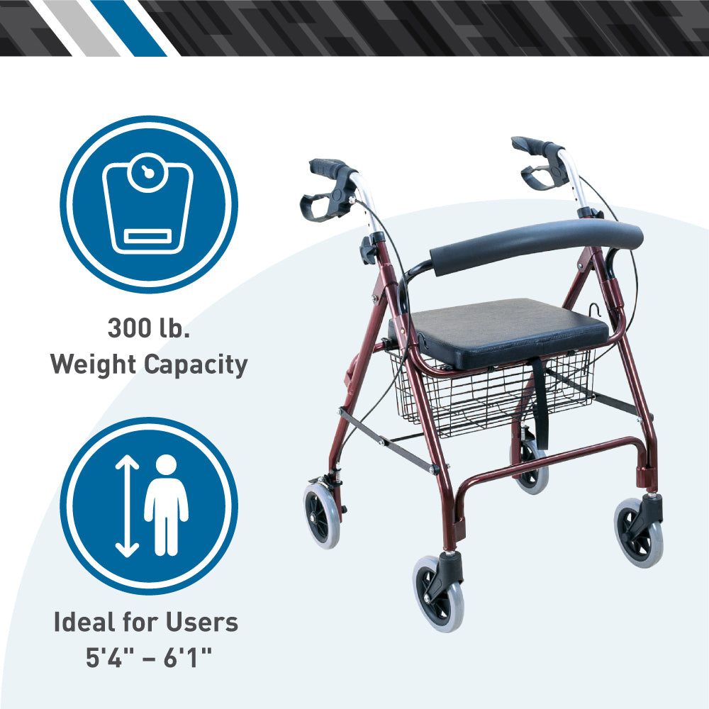 The BodyMed Aluminum Rollator with 6-inch wheels features a black seat and basket, supports up to 300 lbs, and suits users from 54 to 61. Red four-wheel design. Icons show weight capacity and height suitability.