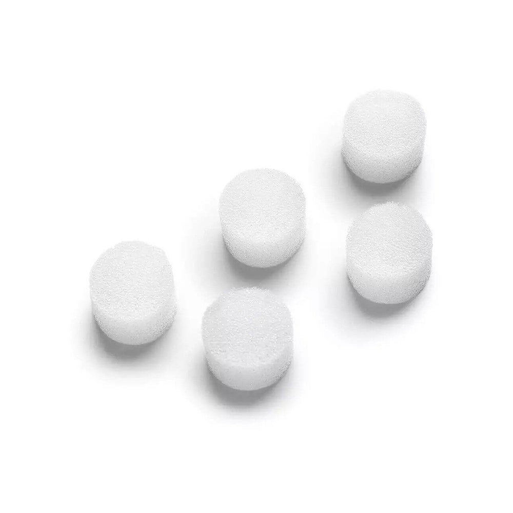 Five round, white BodyMed Compressor Nebulizer System Filters are arranged on a plain white background. This 5-pack from BodyMed is designed for use with your Compressor Nebulizer System.