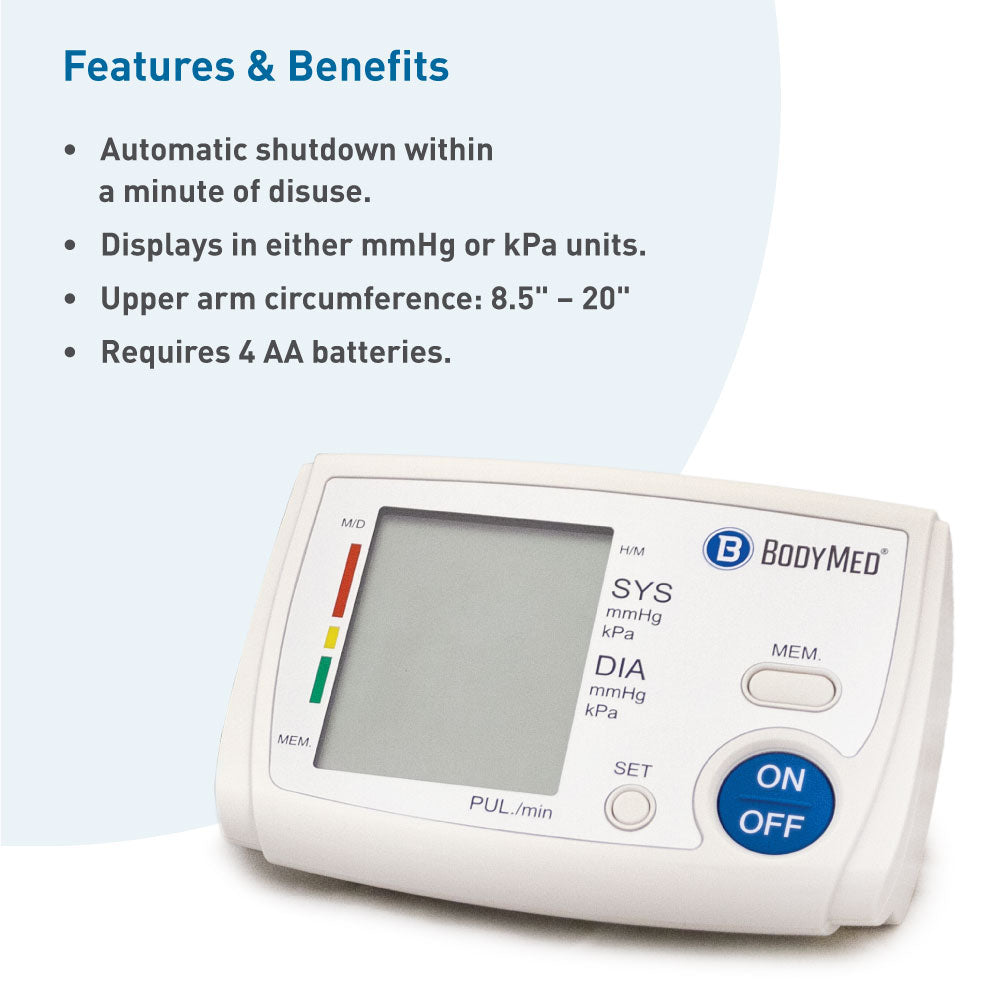 The BodyMed Digital Blood Pressure Monitor by BodyMed features a large LCD screen and buttons, automatic measurement, auto shutdown, dual pressure units, adjustable arm size range, and requires 4 AA batteries.