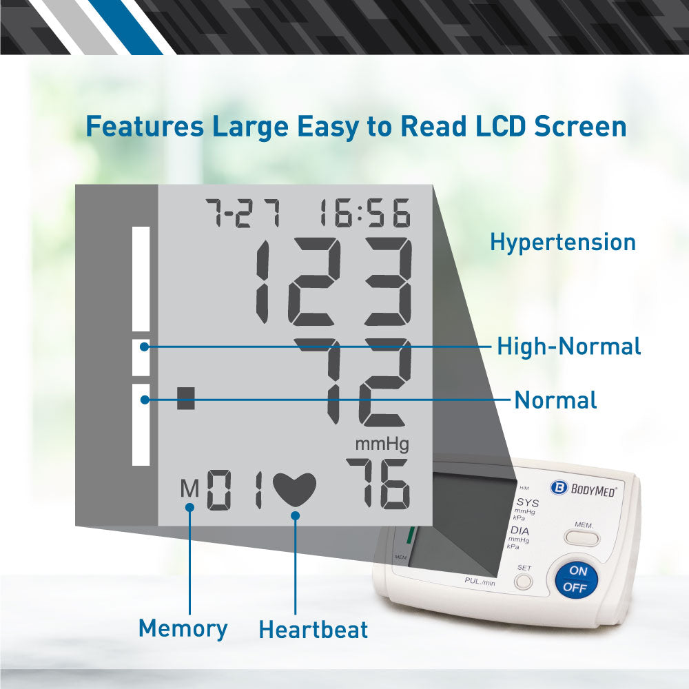 The BodyMed Digital Blood Pressure Monitor by BodyMed features a large LCD display with blood pressure and pulse readings, hypertension zones, memory and automatic measurement indicators, plus heartbeat detection.