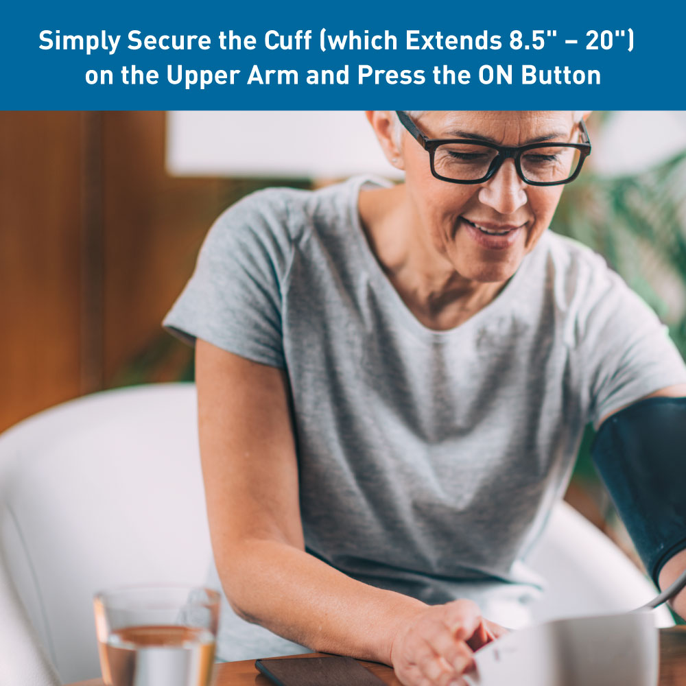A woman wearing glasses smiles as she uses the BodyMed Digital Blood Pressure Monitor with a large LCD screen on her upper arm. Instructions above show how to secure the cuff and press ON for automatic measurement. Brand: BodyMed.