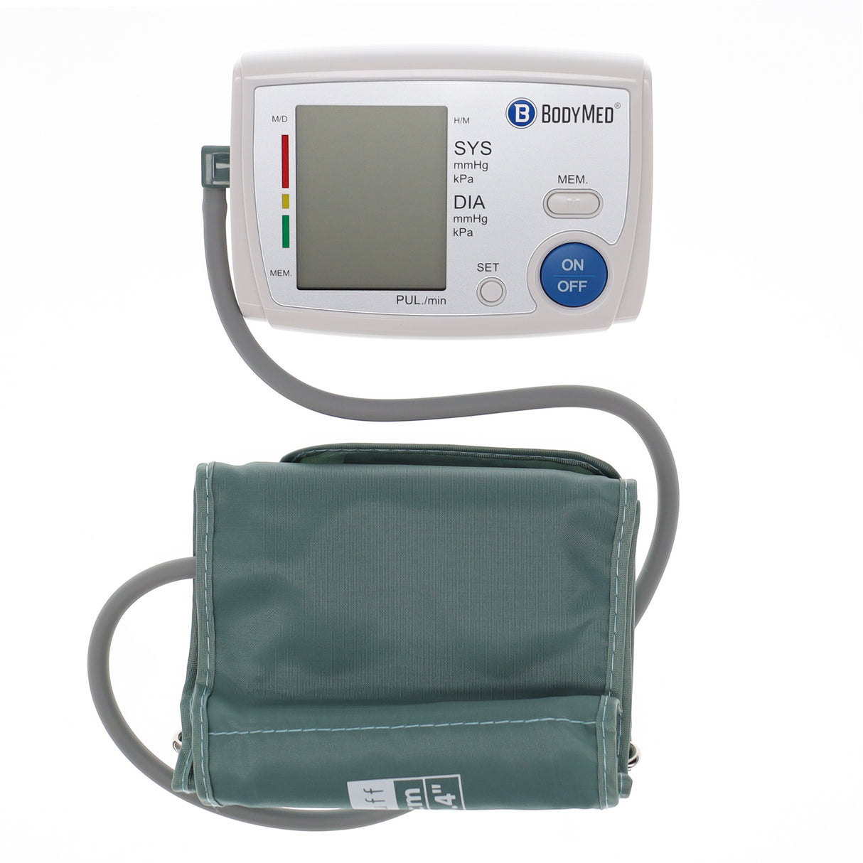 The BodyMed Digital Blood Pressure Monitor by BodyMed features automatic measurement, a large LCD screen, grey inflation tube, green arm cuff, and ON/OFF plus memory function buttons. Displayed on a white background.