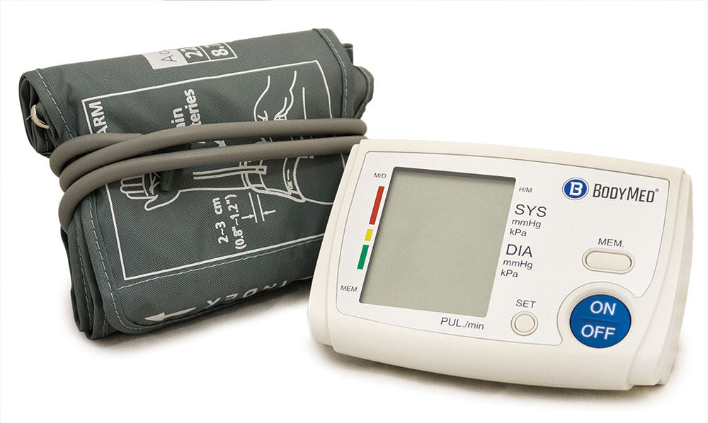 The BodyMed Digital Blood Pressure Monitor by BodyMed features a gray arm cuff, a white unit with ON/OFF buttons, and a large LCD screen for clear, automatic readings; the display is currently blank.