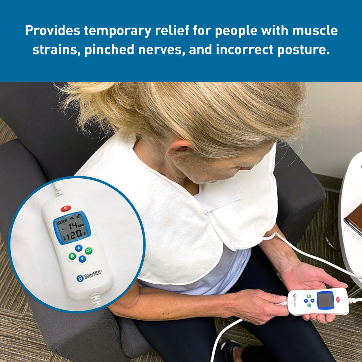 A woman uses the BodyMed Digital Moist Heating Pad while seated, wearing the white wrap. The inset displays the device’s digital screen and buttons. Text above highlights relief from muscle strains and moist heat therapy benefits by BodyMed.