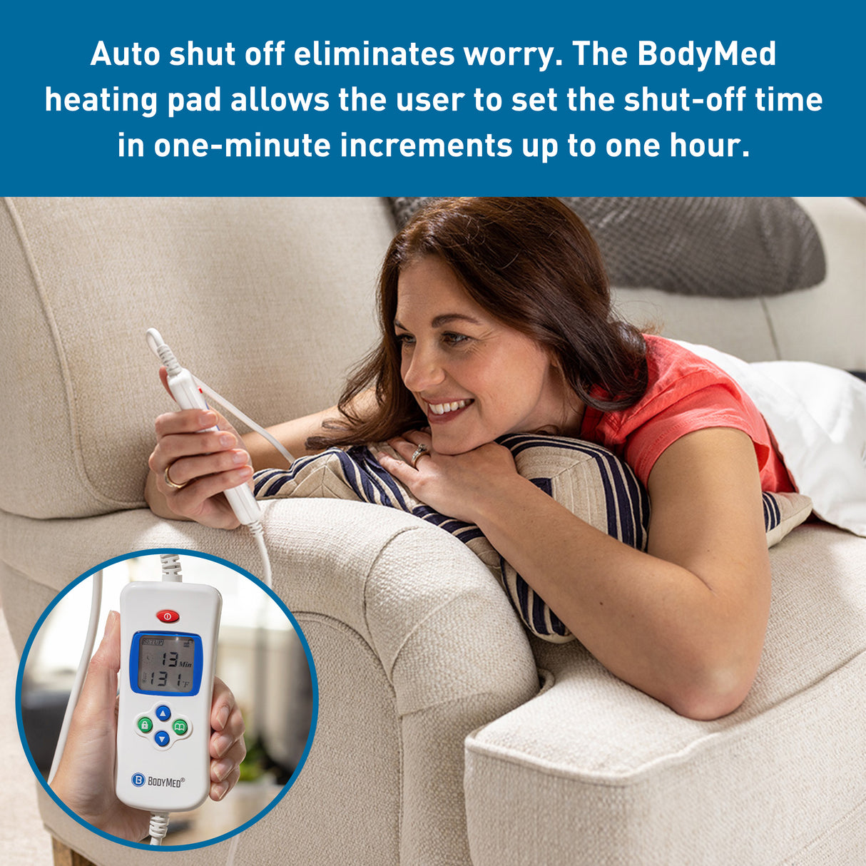 A woman relaxes on a couch, smiling while using the BodyMed Digital Moist Heating Pad. An inset highlights its digital display, showing adjustable shut-off time in one-minute increments up to 60 minutes.