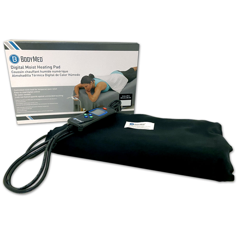 The BodyMed Digital Moist Heating Pad by BodyMed is shown with packaging; its black pad offers moist heat therapy for muscle strains, and the digital controller is visible in front of the box displaying product details.