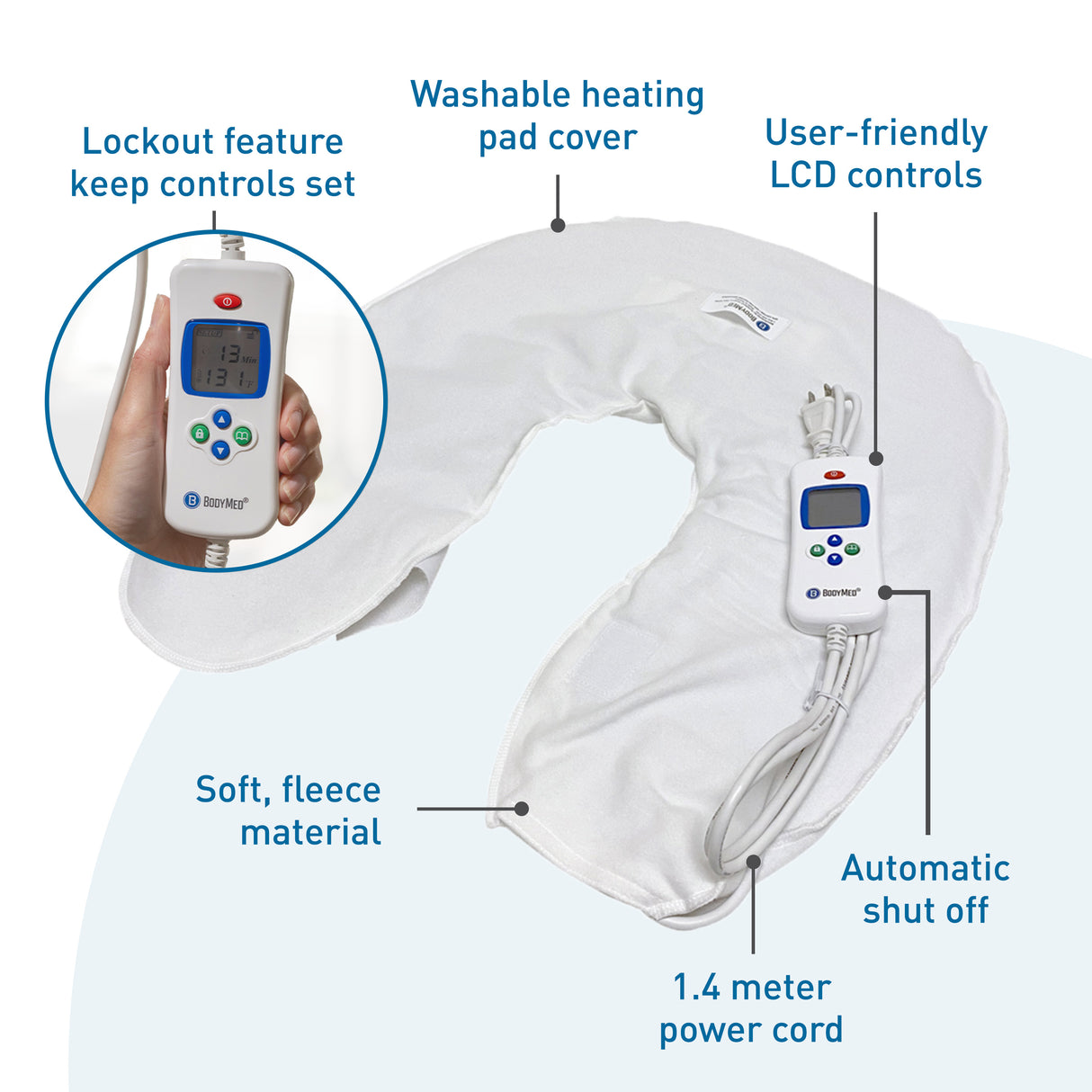 The BodyMed Digital Moist Heating Pad by BodyMed features a soft, washable U-shaped fleece cover, LCD controller with lockout and labeled buttons, 1.4-meter cord, and automatic shut-off for safe, comfortable moist heat therapy for muscle strains.