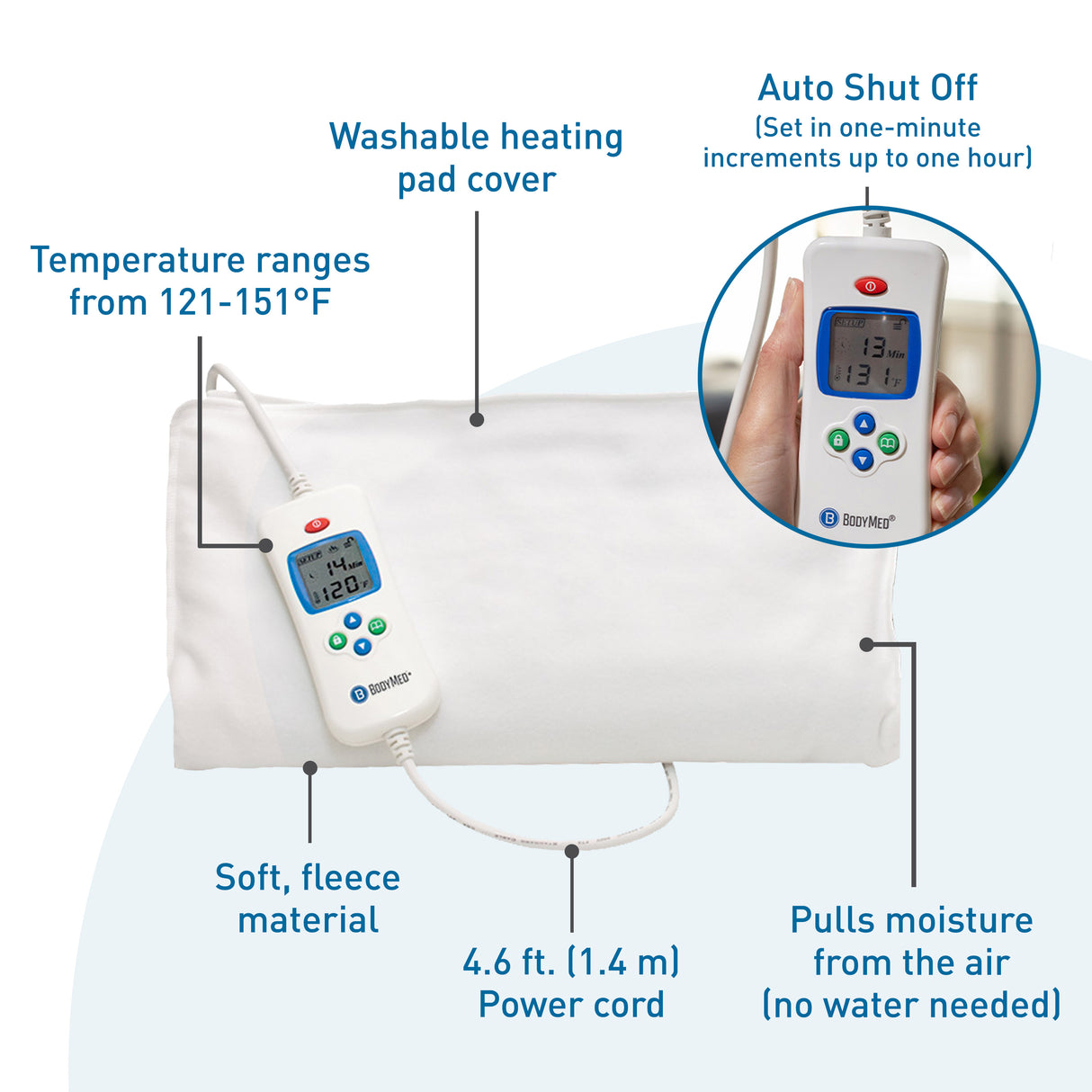 The BodyMed Digital Moist Heating Pad by BodyMed features soft fleece, a digital controller (131.3°F), 4.6 ft cord, auto shut-off, 121–151°F range, and moisture-pulling tech—perfect for moist heat therapy and easing muscle strains.