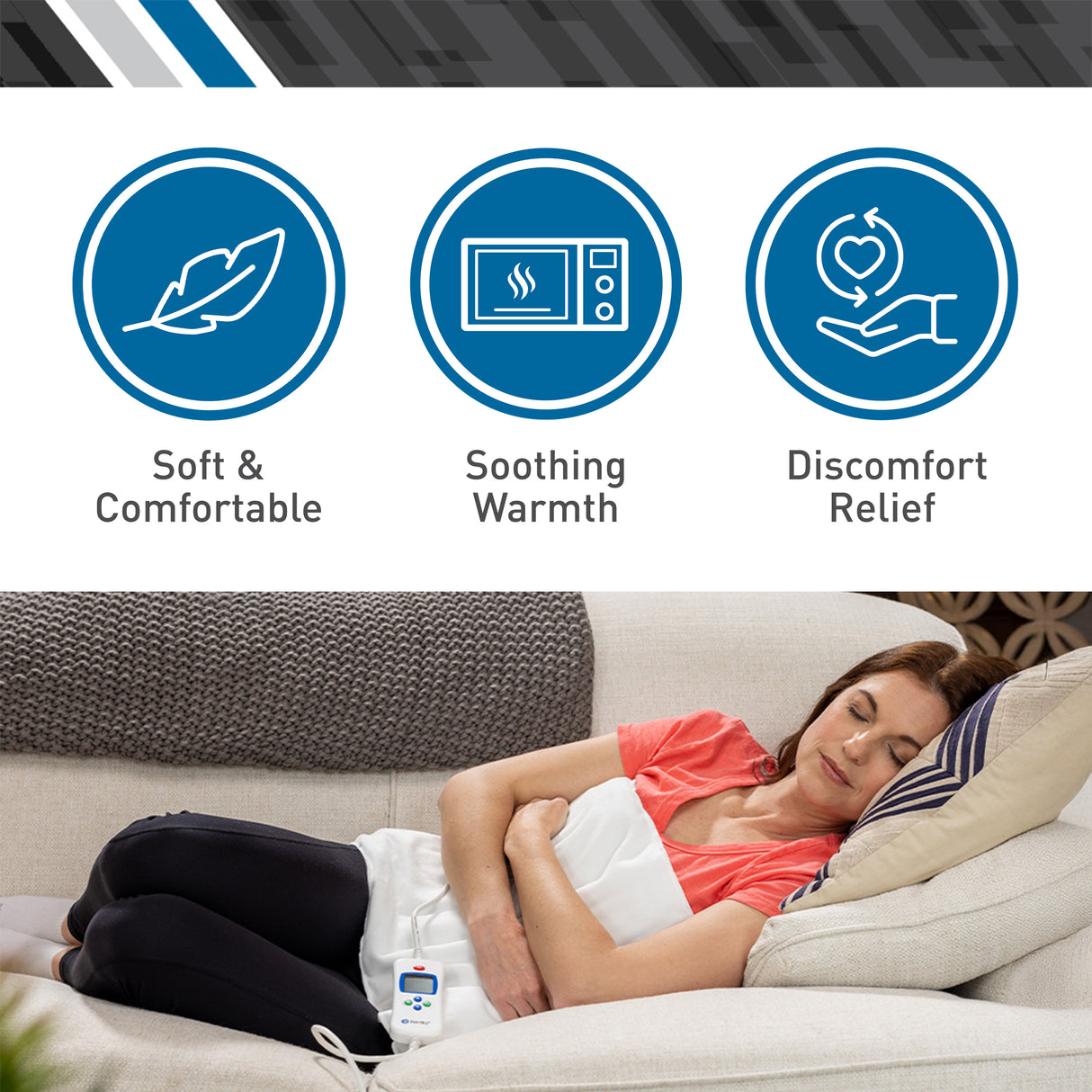 A woman relaxes on a couch with the BodyMed Digital Moist Heating Pad on her abdomen. Above her are icons: a feather for Soft & Comfortable, a microwave for Soothing Warmth, and a hand with a heart for Discomfort Relief. Brand: BodyMed.