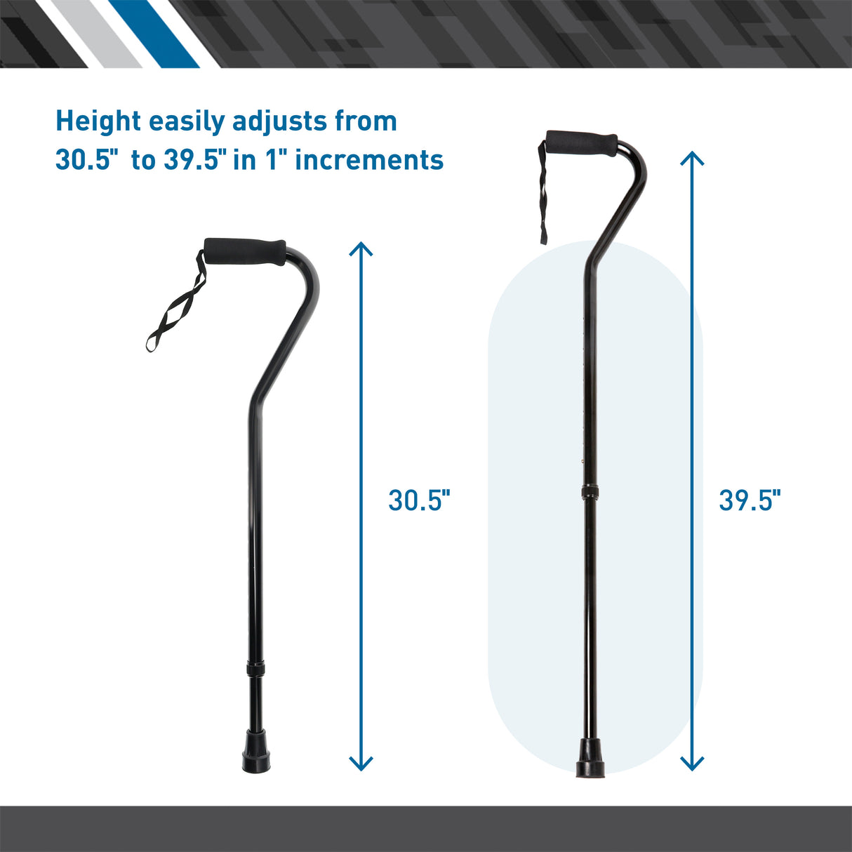 Two BodyMed Offset Canes are shown side by side, each adjustable in height from 30.5 to 39.5 in 1-inch increments, with a nonskid rubber tip for added stability; made from lightweight aluminum.