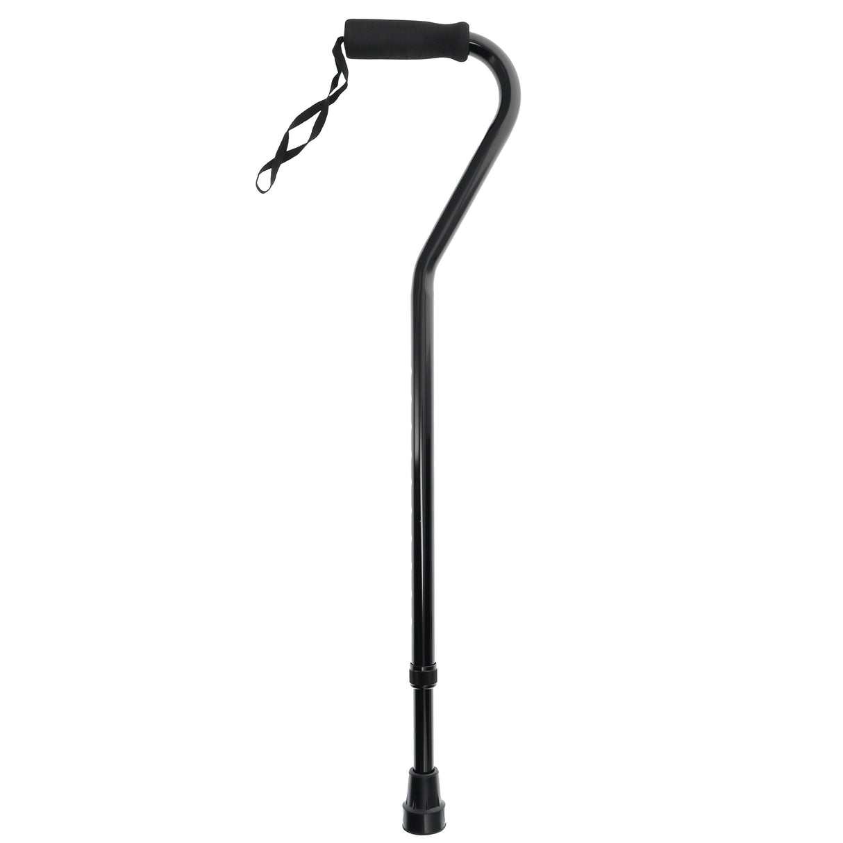 The BodyMed Offset Cane is a black aluminum walking cane with adjustable height, contoured vinyl handgrip, wrist strap, and nonskid rubber tip, designed to provide support and stability for walking.